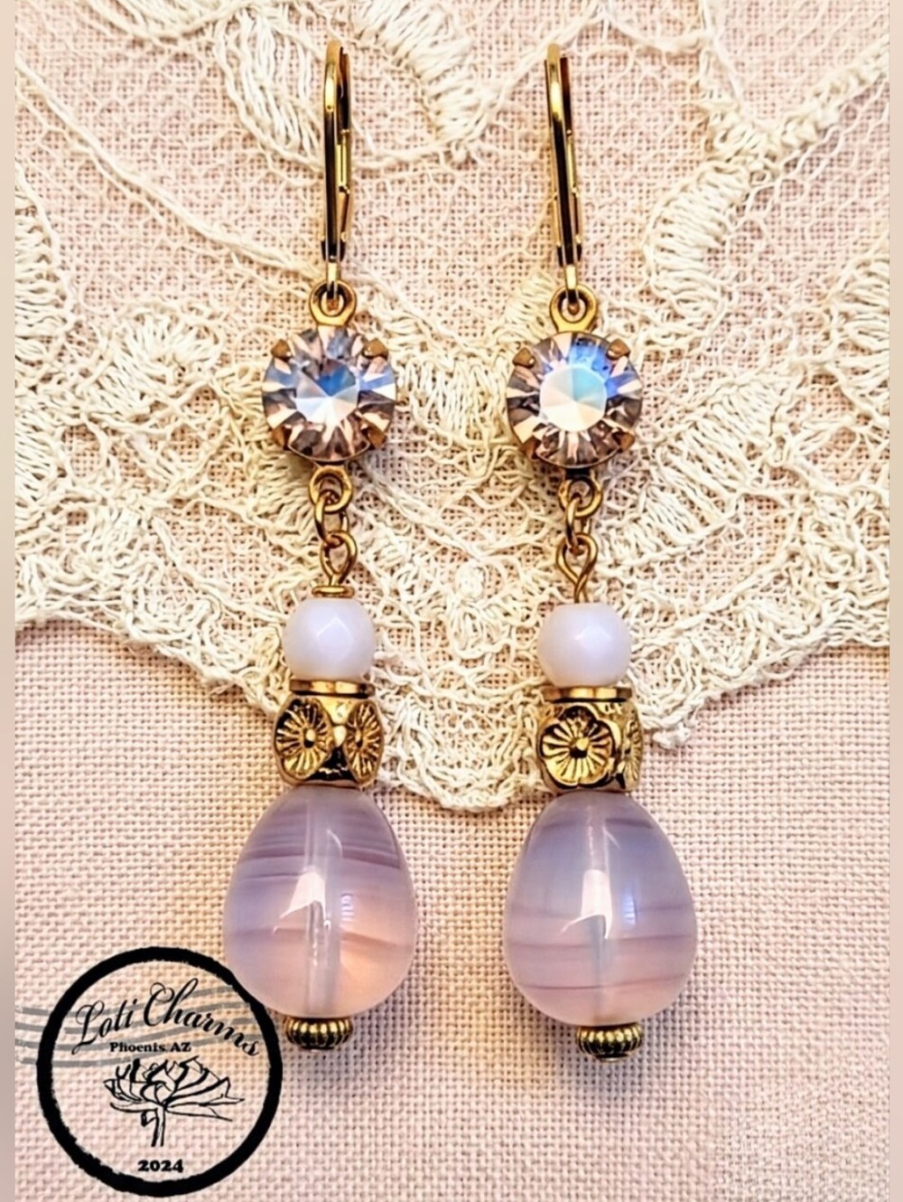 Swarovski Pink Opal Rosewater Crystal And Pink Opaline Stone In GP Earrings
